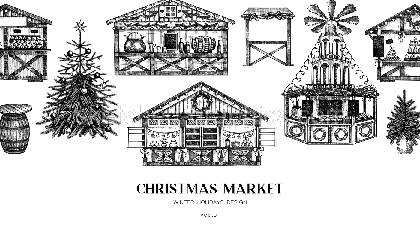 Christmas market background. Hand drawn vector illustration. European holiday marketplace banner. Christmas tree, wooden stall, candy shop, bakery, mulled wine sketches. Architecture desin Illustration